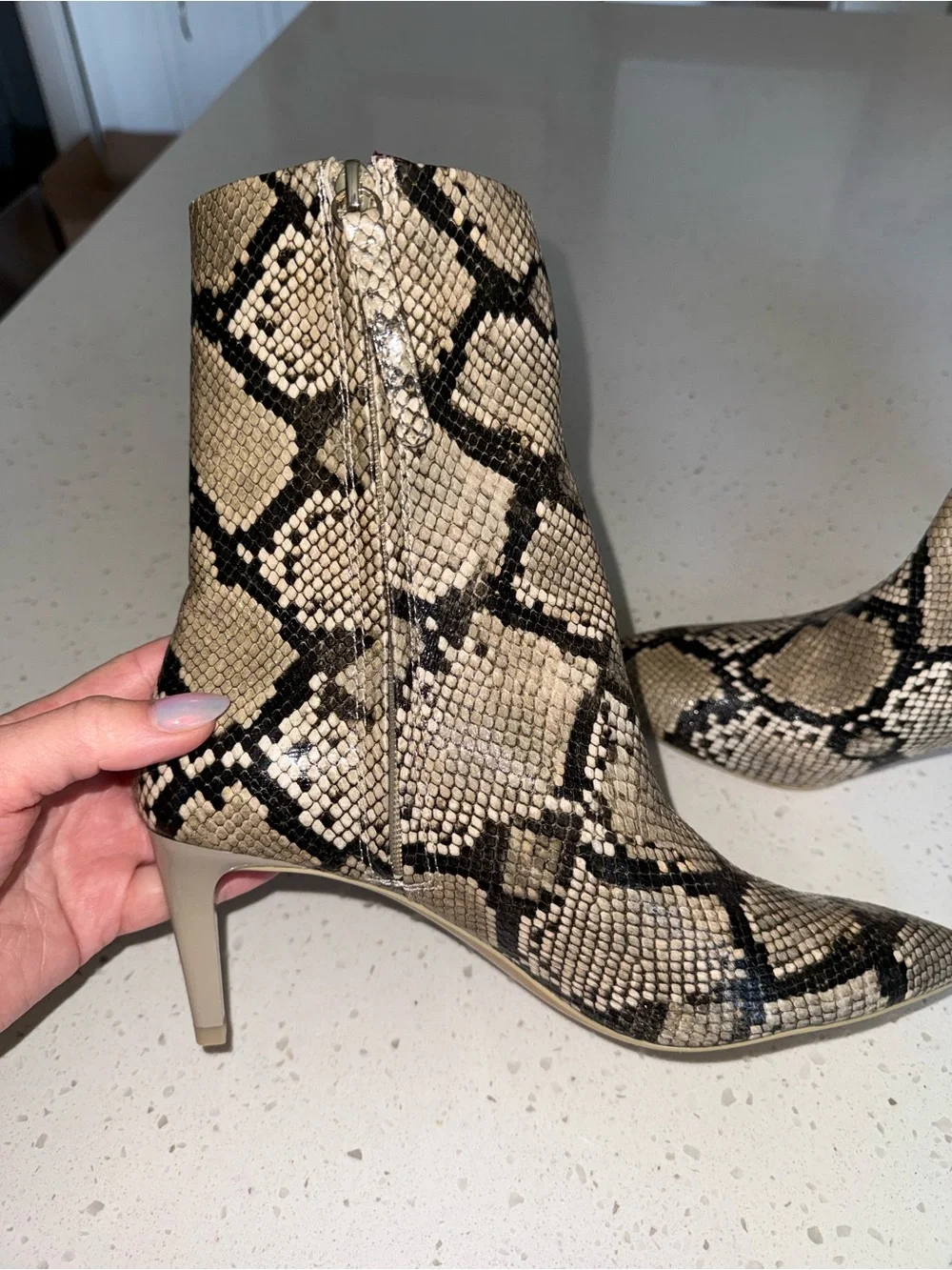 H&M Beige and Black Snake-Print Pointed Ankle Boots